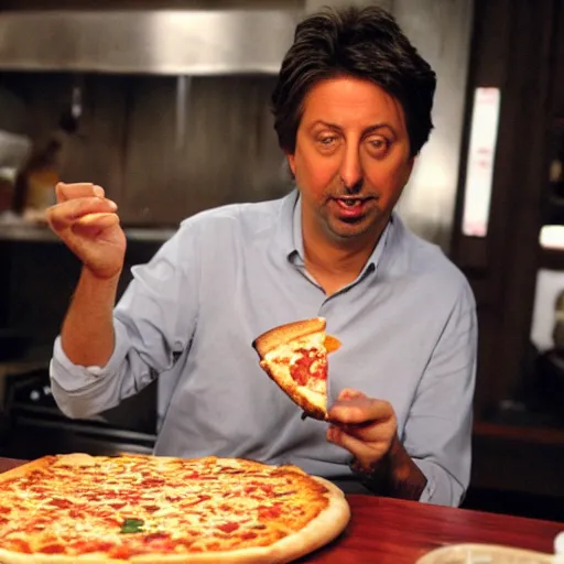 Prompt: Ray Romano eating a slice of pizza