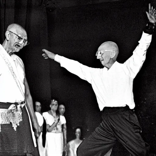 Prompt: gandhi carying donald trump while dancing acrobatic rock on the dance floor, realistic 4 k, detailed image