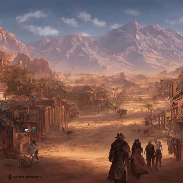Image similar to populated old western style city bustling with people in the middle of a sandy flat desert with a single mountain on the very distant horizon. magic the gathering art, digital media