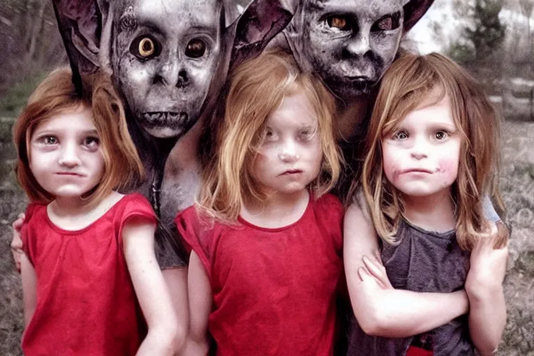 Image similar to evil kids with black alien eyes, creepy, demonic