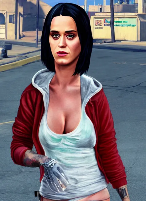 Prompt: Highly detailed full-body portrait of homeless Katy Perry, in GTA V, Stephen Bliss