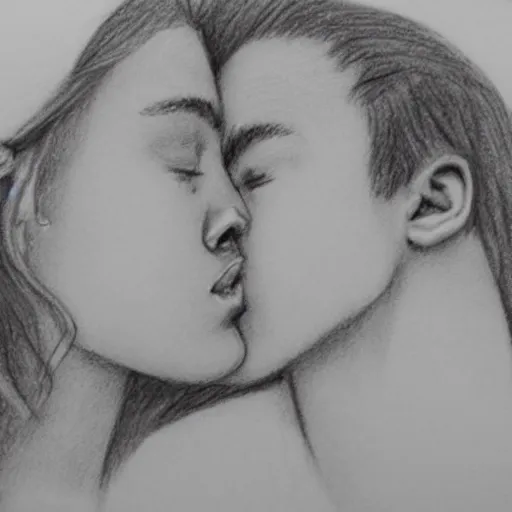 Image similar to close up of young lovers kissing, pencil sketch