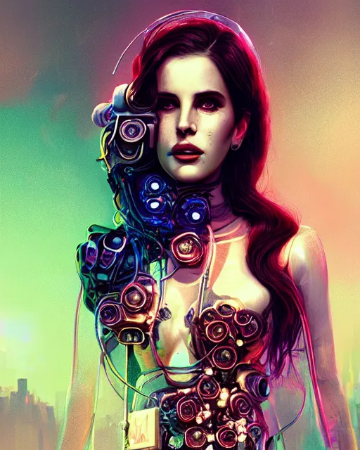 Image similar to portrait of lana del rey as a cyberpunk cyborg. roses, sci - fi, intricate abstract upper body intricate artwork, by tooth wu, wlop, beeple, dan mumford. concept art, octane render, deviantart, greg rutkowski, cinematic arthouse, key art, hyper realism, iridescent accents