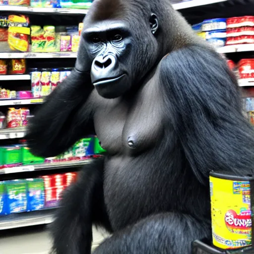 Prompt: photo of gorilla in walmart, cell phone camera, zoom,