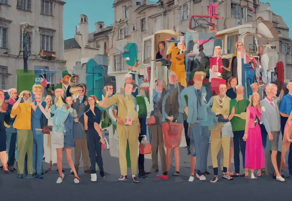 Prompt: full body portrait of a group, a row of a several european tourists getting off a tour bus, standing with a variety of poses and props, several character designs painting, sightseeing, in the style of wes anderson, lola dupre, david hockney, isolated on negative white space background dark monochrome neon spraypaint accents volumetric octane render