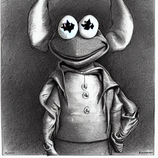 Image similar to Kermit the Frog from Sesame Street by Gustave Dore, full body grayscale drawing