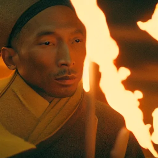 Image similar to cinematic film still Pharrell Williams starring as a Samurai holding fire, Japanese CGI, VFX, 2003, 40mm lens, shallow depth of field,film photography