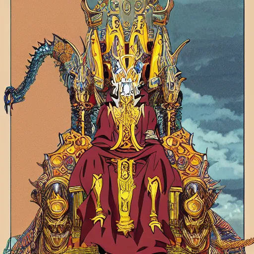 Image similar to concept art painting of a king with ornate robes, a long dragon neck, and horned skull mask, sitting on a throne, anime style, cel shaded, in the style of makoto shinkai and james gurney and studio ghibli and moebius