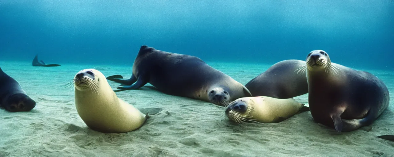 Image similar to seals eating spaghetti underwater in the ocean, canon 5 0 mm, in the style jacques cousteau, kodachrome