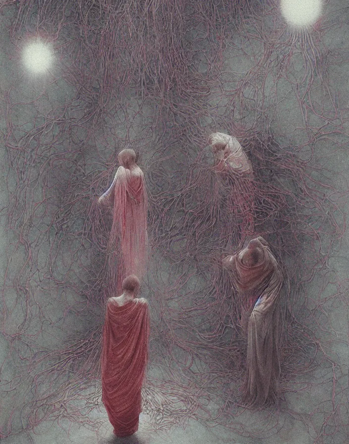 Prompt: a crystal orb radiating white light, worshippers in robes belonging to the cult of the crystal reach out to touch it, interior of a small room, beksinski painting, part by adrian ghenie and gerhard richter. art by takato yamamoto. masterpiece, deep colours