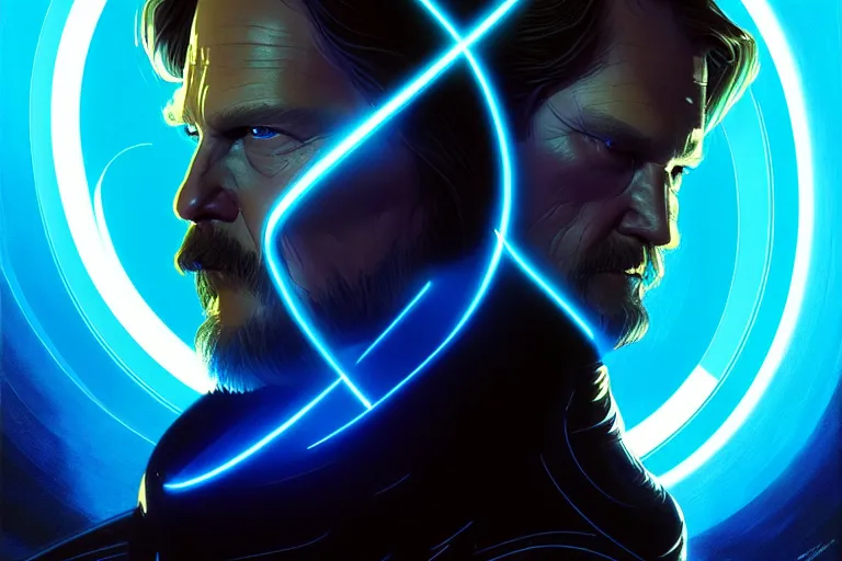 Prompt: tron legacy jesus disc battle with jeff bridges, face, diffuse lighting, hyper realistic, concept art, intricate, hyper detailed, smooth, sharp focus, illustration, artstation, art by greg rutkowski and james gurney and alphonse mucha