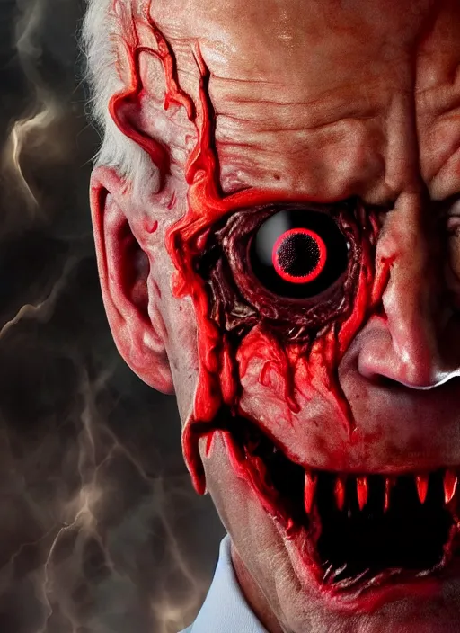 Image similar to hyper realistic terror photo Doom horror furious glowing red eyes biden