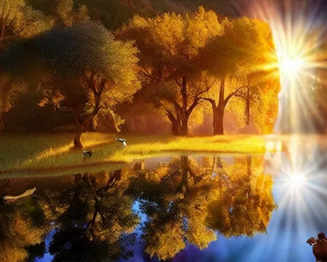 Prompt: realistic 16k footage, serene beautiful landscape photography of the garden of eden. lake reflections in the foreground, fruit tree's and animals everywhere. sun rays shining through the trees. lens flare. sunset, dramatic lighting by Marc Adamus gyuri lohmuller Ivan Shishkin.