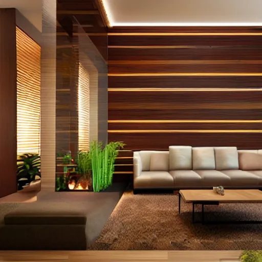 Prompt: house interior concept design modern minimalist wood paneling vibrant colors plants highly realistic high quality