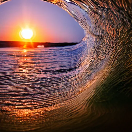 Prompt: 4k resolution, through the tube of a wave at sunset, 55mm lens