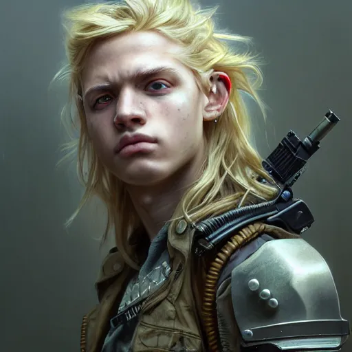 Image similar to portrait painting of a post - apocalyptic blonde teenager with matted long hair wearing light scrap armor with an old gun on his back, ultra realistic, concept art, intricate details, eerie, highly detailed, photorealistic, octane render, 8 k, unreal engine. art by artgerm and greg rutkowski and charlie bowater and magali villeneuve and alphonse mucha