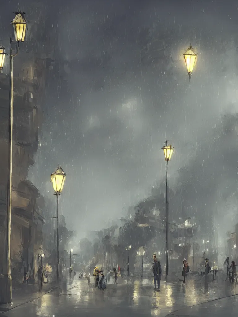 Prompt: street lamps shining though the rain by disney concept artists, blunt borders, rule of thirds