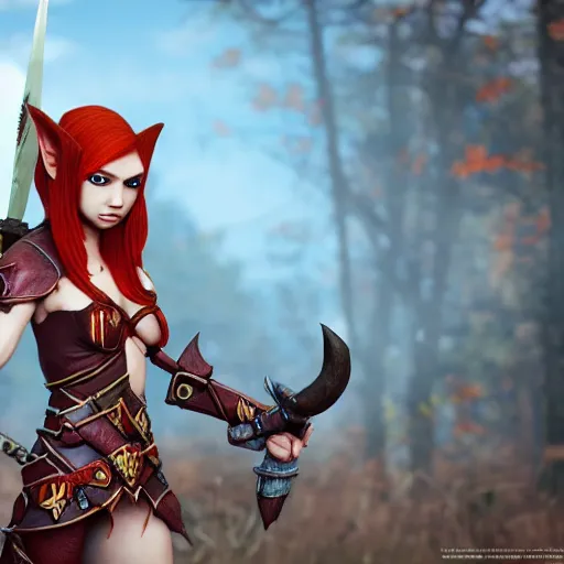 Image similar to beautiful redhead elf with warrior outfit, clash royal style characters, unreal engine 5, octane render, detailed, cinematografic, cinema 4 d