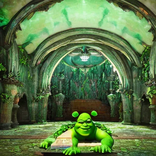 Image similar to inside of a shrek worshipping sanctuary, ornate, beautiful, green, get outta me swamp, shrek statues, shrek is love shrek is life, extremely detailed, octane render, shrek worship, ray traced, post processing, octane render