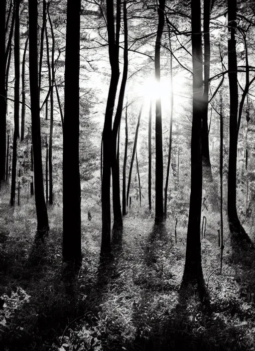 Image similar to black and white artwork of a forest at sunset, with yellow sunlight