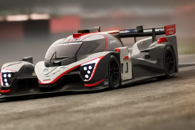 Image similar to Honda Civic 2022. Honda LMP1 car racing on dimly lit track overcast skies raining headlights illuminating track, volumetric lighting cinematic vray photo muted colors dark cinematic. front side view uncropped centered. artstation trending dramatic harsh lighting low exposure