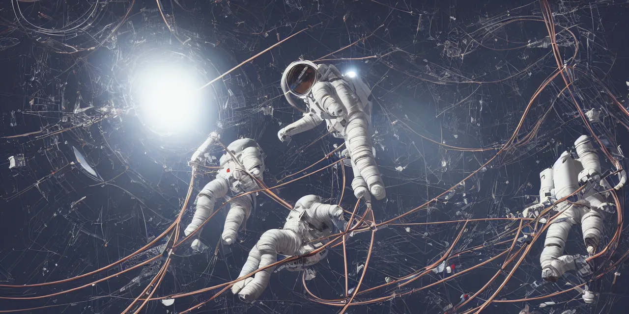 Prompt: astronaut entangled by a lot of cables, connected to a supercomputer designed by Dieter Rams, cinematic lighting, haze, moonlight, strong shadows, octane render, lens flare, particles, laser