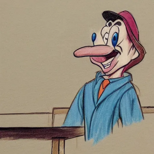 Prompt: A courtroom Sketch of goofy, at his infamous murder trial, laughing as the judge sentences him to life in prison.