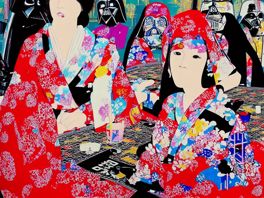 Image similar to hyperrealism composition of the detailed woman in a japanese kimono sitting at an extremely detailed poker table with darth vader, fireworks on the background, pop - art style, jacky tsai style, andy warhol style, acrylic on canvas