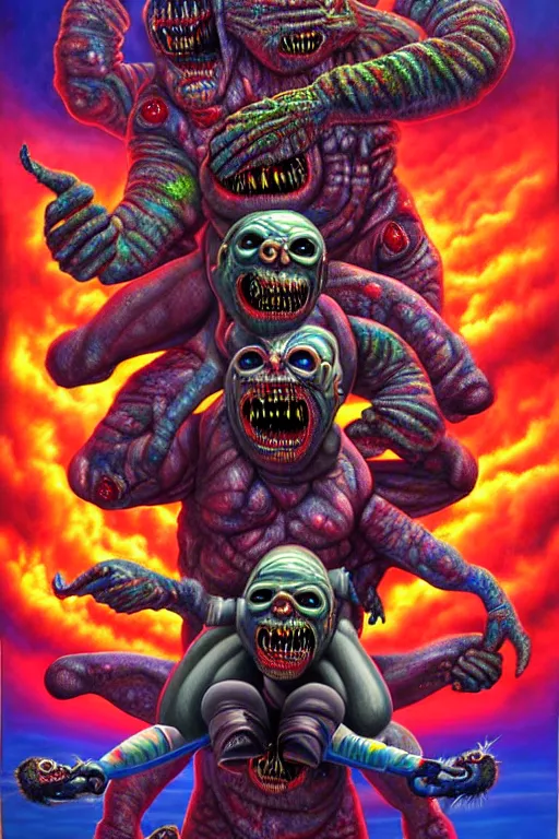 Image similar to a hyperrealistic painting of iron maidens eddie an epic boss fight against money devouring democratic politician demons, cinematic horror by chris cunningham, lisa frank, richard corben, highly detailed, vivid color,