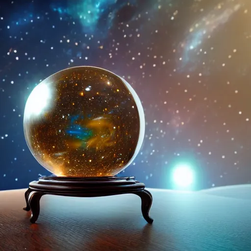 Prompt: a whole galaxy inside a crystal ball standing on a mahogany stand on a table in a tent with a beautiful fortune teller woman. Highly detailed, cinematic quality, 8k