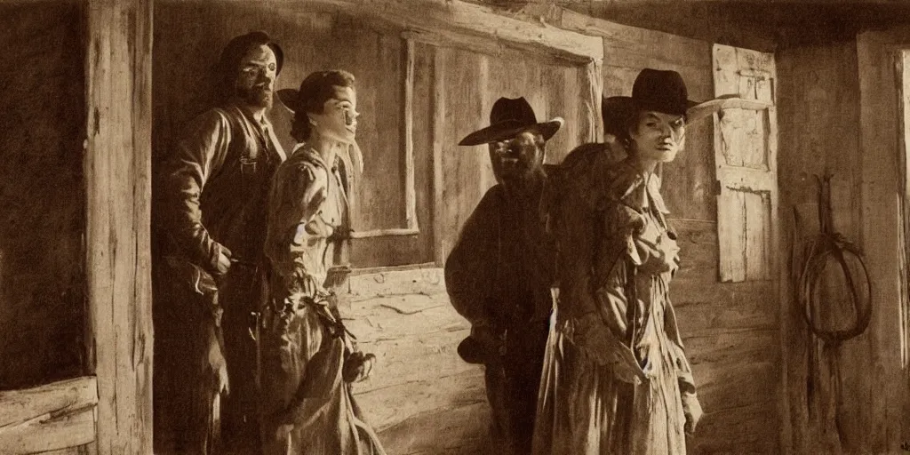 Image similar to in an old west cabin, close up portrait of beautiful Mila Jovovich (((alone))) in the doorway and Dave Bautista cowboy standing opposite ((alone)) at the window, arguing, symmetrical, in the style of Fredrick Remington, oil painting