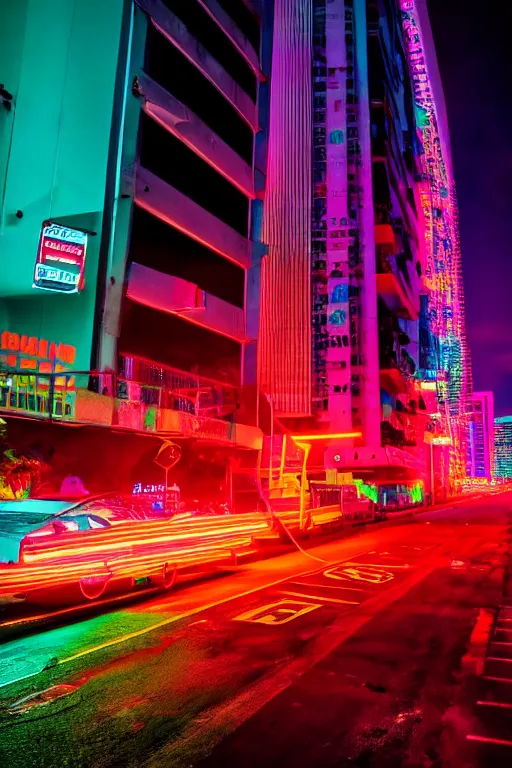 Prompt: neon streets of miami, 4 k, award winning photo, cyberpunk style