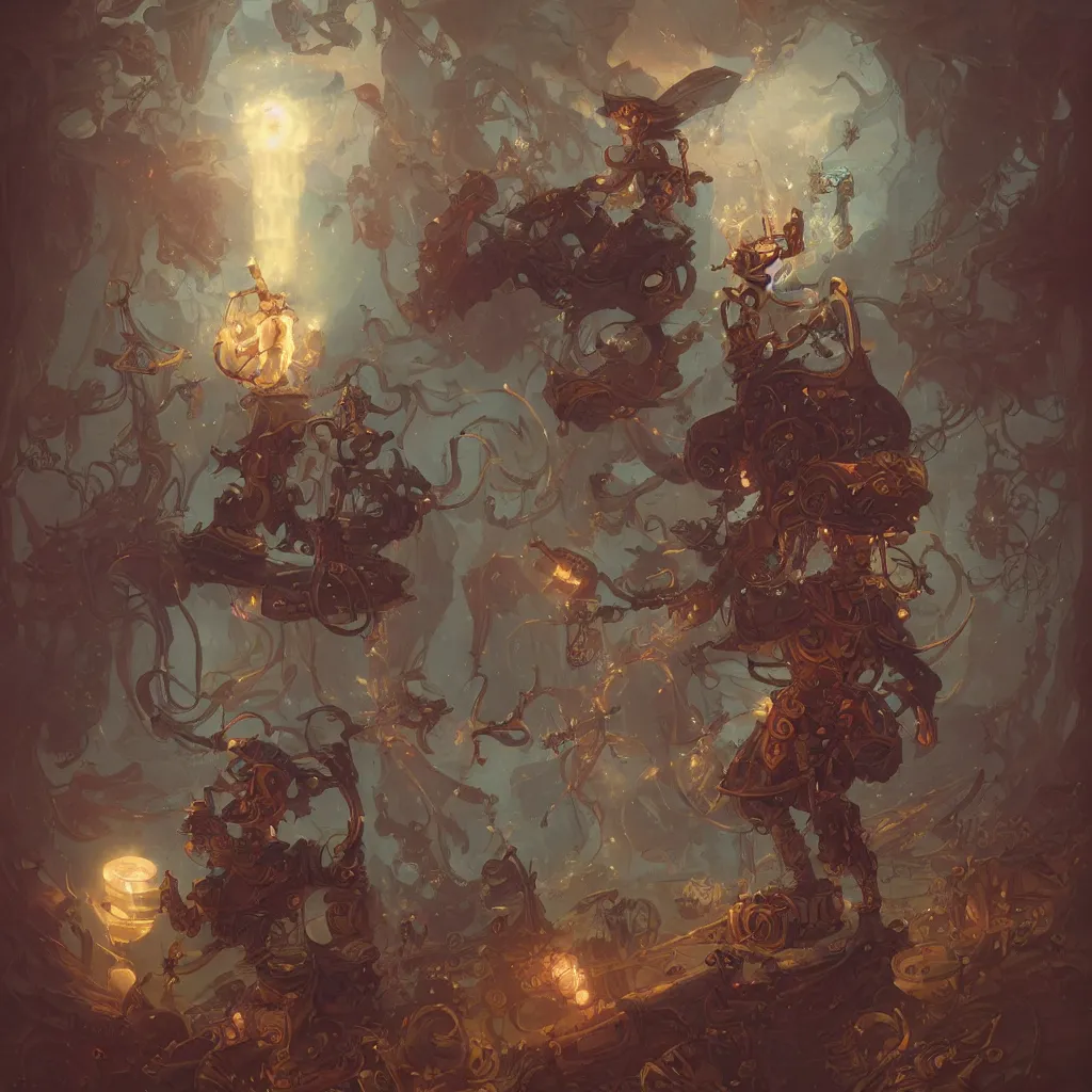 Image similar to tarot the fool ， steampunk by peter mohrbacher and dan mumford and nekro, cgsociety, volumetric light, 3 d render