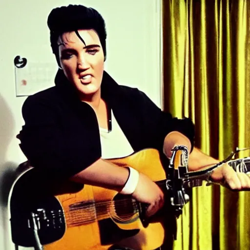 Prompt: Elvis recording his first tiktok video