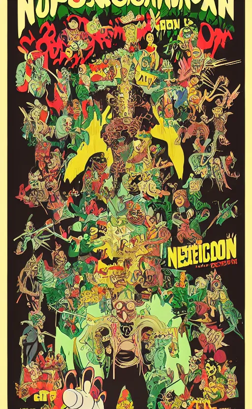 Image similar to cursed with necronomicon horrorcore cel animation poster depicting easter bunny, intricate faces, metropolis, 1 9 5 0 s movie poster, post - processing, vector art