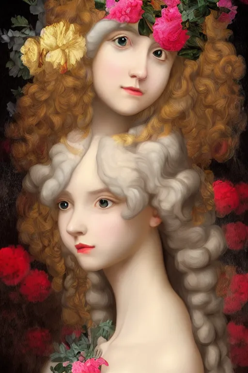 Prompt: digital painting of young beautiful girl with baroque wig with flowers, flemish baroque, neoclassicism, flowers, trending on artstation