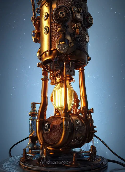 Image similar to steampunk lavalamp, intricate detail, volumetric lighting, epic composition, hyper detailed, ultra realistic, sharp focus, octane render, blue moon, volumetric, ray tracing, artstation trending, cgsociety, sense of awe, swirling mist, 4 k