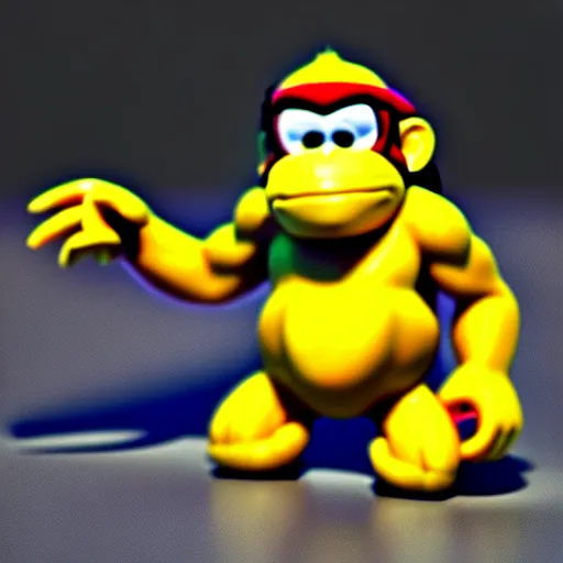 Prompt: Donkey Kong. A banana on the ground, Donkey Kong is standing on the banana. 3D render