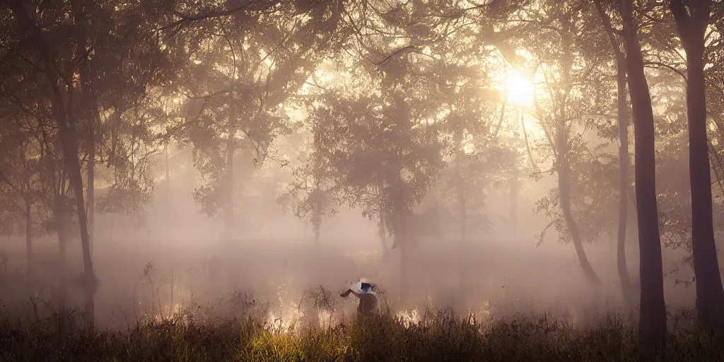 Image similar to misty swamp, hazy fog, sundown golden hour, early morning dance, fireflies and sparkling wisps, sun rays through trees, Lilia Alvarado, Sophie Anderson, Mark Arian, Bob Byerley, Charlie Bowater, Mark Brooks, Steve Henderson, Justin Gerard, Arthur Hughes, Edward Robert Hughes, Mark Keathley, Victor Nizovtsev, Carlos Shwabe, Ross Tran, WLOP