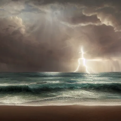 Image similar to a highly detailed matte painting of a large cross standing on the beach as a storm comes in with the tide, woman sitting in the sand watching the ocean, epic fantasy, god rays, rocky beach, ultrawide lense, aerial photography, unreal engine, exquisite detail, 8 k, art by albert bierstadt and greg rutkowski and jeong seon