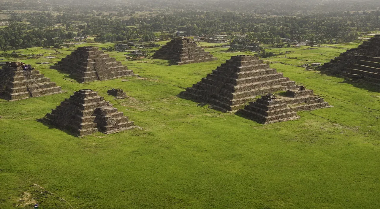 Prompt: valley of green grass with exactly 3 aztec pyramids, hyper realistic, rain of blood