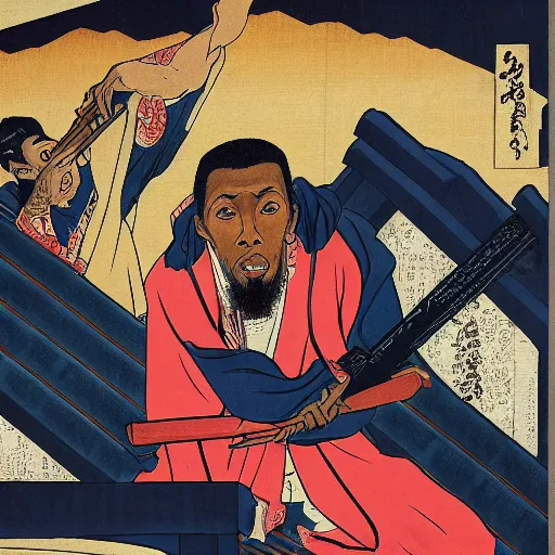 Image similar to Inspectah Deck rapping, portrait, style of ancient text, hokusai