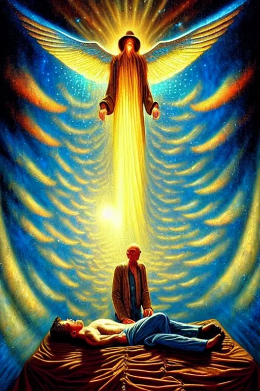 Prompt: a photorealistic detailed cinematic image of a man on his deathbed, assisted to the afterlife by iridescent ornate angels. met by friends and family, overjoyed, emotional, compelling, by pinterest, david a. hardy, kinkade, lisa frank, wpa, public works mural, socialist
