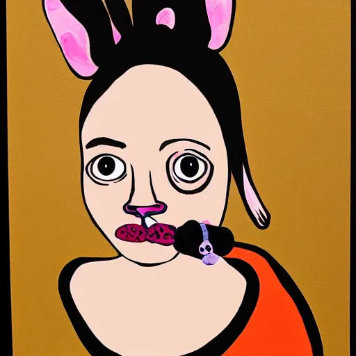 Image similar to girl with a chihuahua with a boa around its neck, silk screen print, hand painted