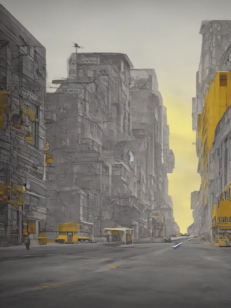 Prompt: gray street of the soviet city, the eighties, yellow sky as background, hyper realistic