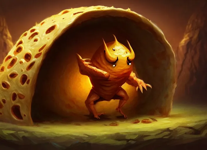 Image similar to a tortilla creature, a group of travelers are trapped inside the tortilla, by marco bucci and frank frazetta, style of magic the gathering, high resolution, fantasy coloring, intricate, digital painting, artstation, smooth, sharp focus