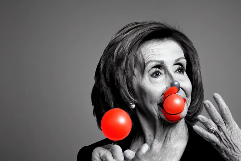 Prompt: Nancy Pelosi as a clown, juggling 5 fireballs, studio portrait, award-winning photography