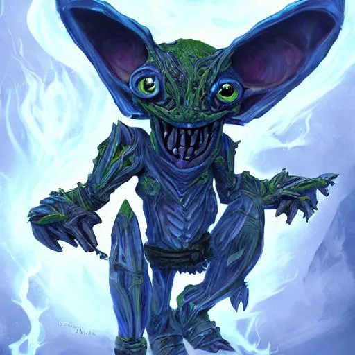 Prompt: a highly detailed goblin with grey skin and blue eyes that glow, made of wind, like magic the gathering, goblin chainwalker, digital art, by christopher rush