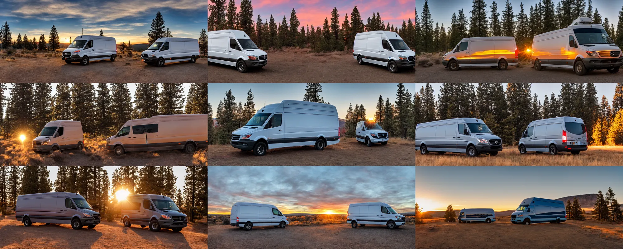 Prompt: a sprinter van in central Oregon at sunset