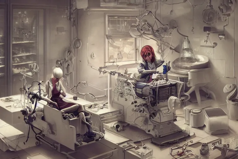 Image similar to hyperrealistic photography of a female scientist constructing a birth machine in the style of Jin Kagetsu, James Jean and wlop, highly detailed, masterpiece, award-winning, sharp focus, intricate concept art, digital painting, ambient lighting, 4k, artstation